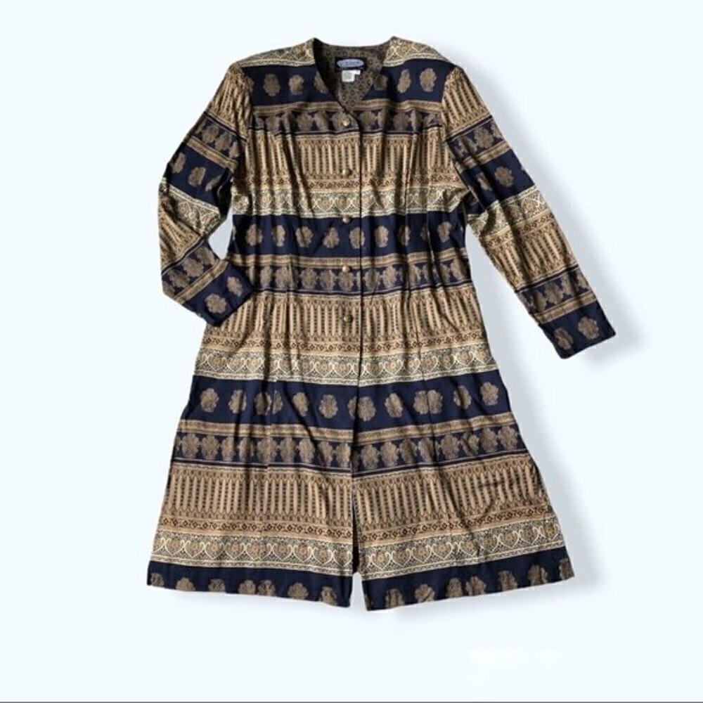 Vintage 80s Clues Collection Baroque Print Duster Robe Jacket Navy Tan XL - Picture 3 of 14
